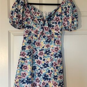 Floral Puff Sleeve Tie-Front Dress - Blue, Pink & Yellow
